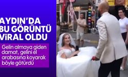 Aydın'da gelin almaya giden damat, gelini el arabasına koyarak böyle götürdü