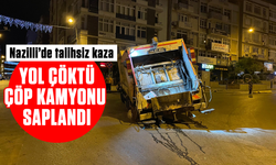 Nazilli’de talihsiz kaza: Yol çöktü, çöp kamyonu saplandı