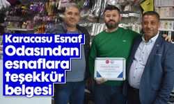 Karacasu Esnaf Odasından, esnaflara teşekkür belgesi