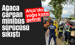 Atça’da yağış kaza getirdi: Ağaca çarpan minibüs sürücüsü sıkıştı
