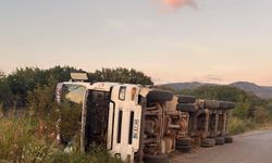 Karacasu'da odun yüklü TIR devrildi