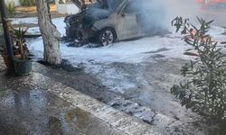 Didim'de park halindeki elektrikli araç yandı