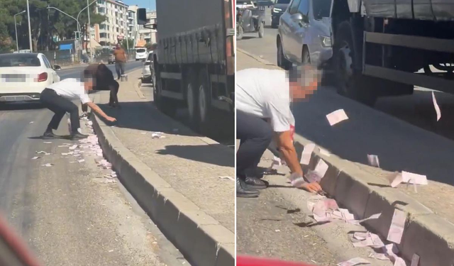 Trafikte filmleri aratmayan olay! Çuvalla taşınan para yola saçıldı