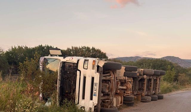 Karacasu'da odun yüklü TIR devrildi