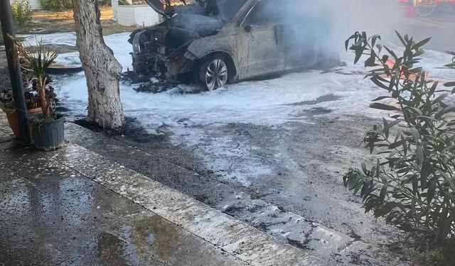 Didim'de park halindeki elektrikli araç yandı