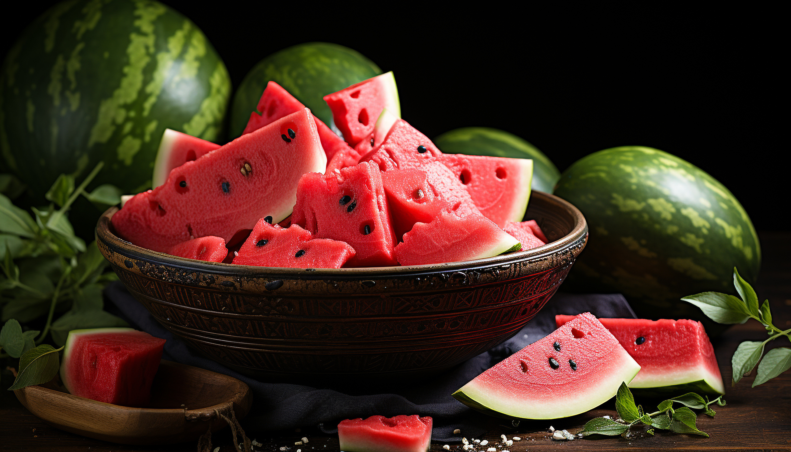 Watermelon Slice Fresh Juicy Rustic Wooden Plate Generated By Artificial Intellingence