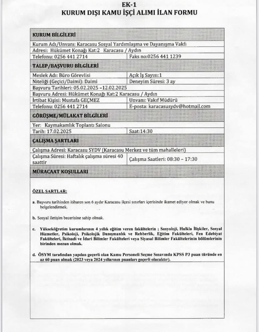 Karacasu Kaymakamligi Daimi Sozlesmeli Buro Gorevlisi Alacak 542253 316788C2244925F0Ccbd2270Af654D0E