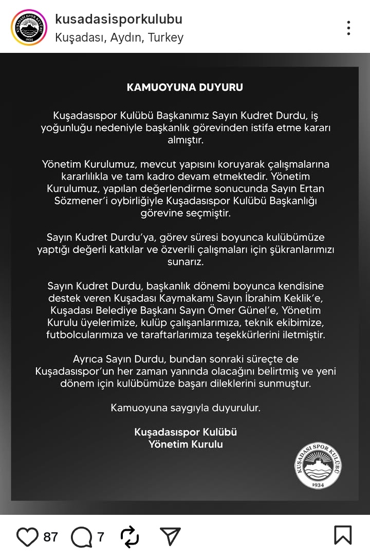 Kusadasispor Kulubunden Baskanlik Aciklamasi Geldi 606820 Ecd287621F9D2321Dd37253Cd2Ae6F58