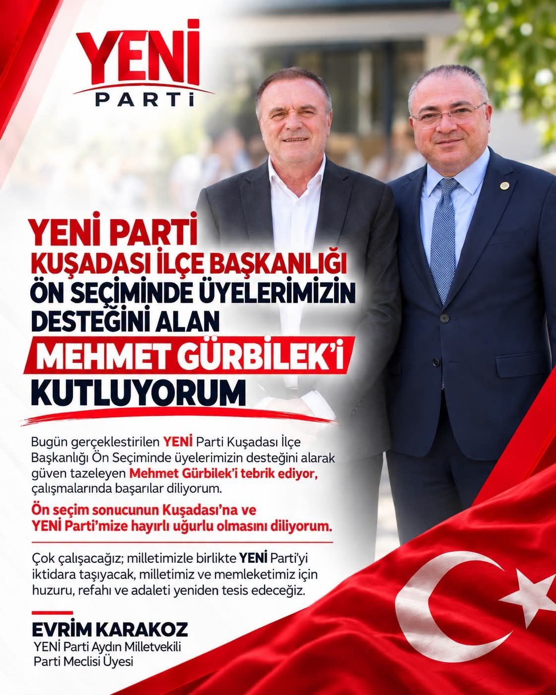 Yeni Parti Milletvekili Karakozdan Baskan Gurbileke Tebrik 695360 4C428F